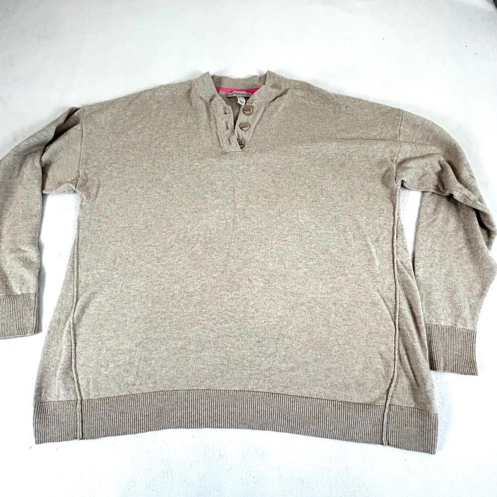 Isaac Mizrahi Live! Womens‎ Oatmeal Heather Henley Sweater A465639 Beige Large